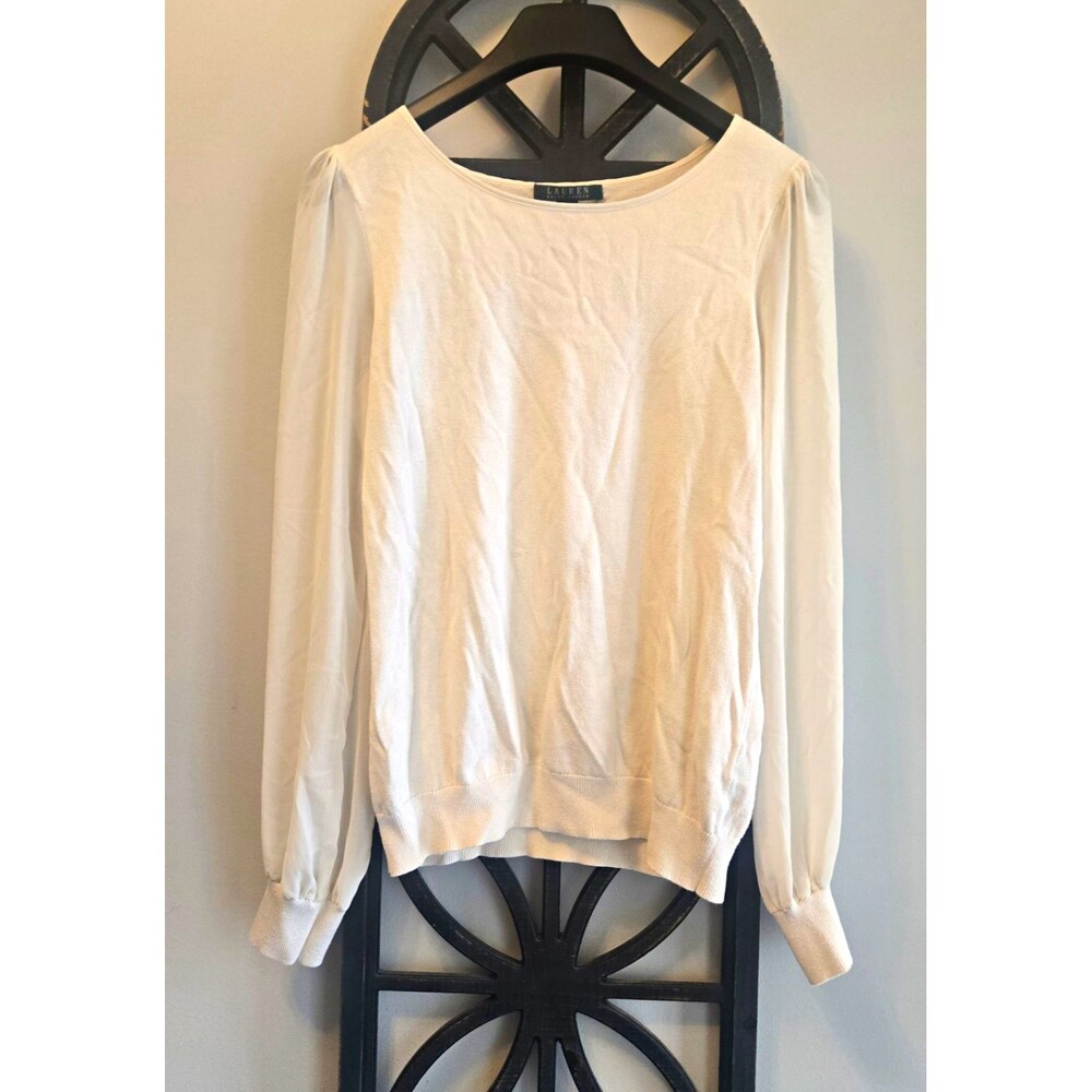 Lauren Ralph Lauren Ivory Puff Sleeve Knit Pullover Sweater Scoop Neck M